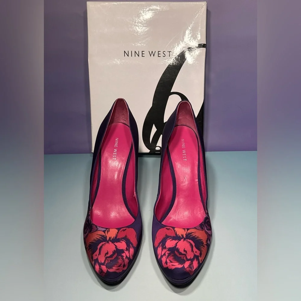 NINE WEST Rocha Floral Purple/Pink 3.75" High Heels Platform Pumps - Picture 1 of 8